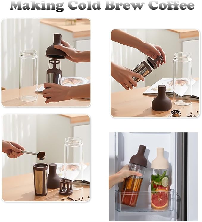 CANDeal 32oz Portable Glass Cold Brew Coffee Maker Glass Coffee Fruit Tea Tumbler with Double Layer Filter &amp Lids Iced Coffee Cups for Office (Coffee)