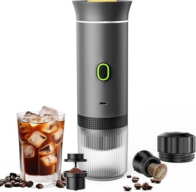 CAFFETTO - Portable 3-in-1 Coffee Maker (Capsule &amp Ground) - USB-C self-heating espresso machine - 20-bar pump pressure 7500mAh battery - One-touch operation detachable parts - Grey