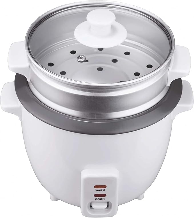 Electric Rice Cooker and Steamer – 4 5 8 or 15 Cup Non-Stick Rice Maker with Food Steamer Tray – One-Touch Operation Keep Warm Function Glass Lid White (15 Cup)