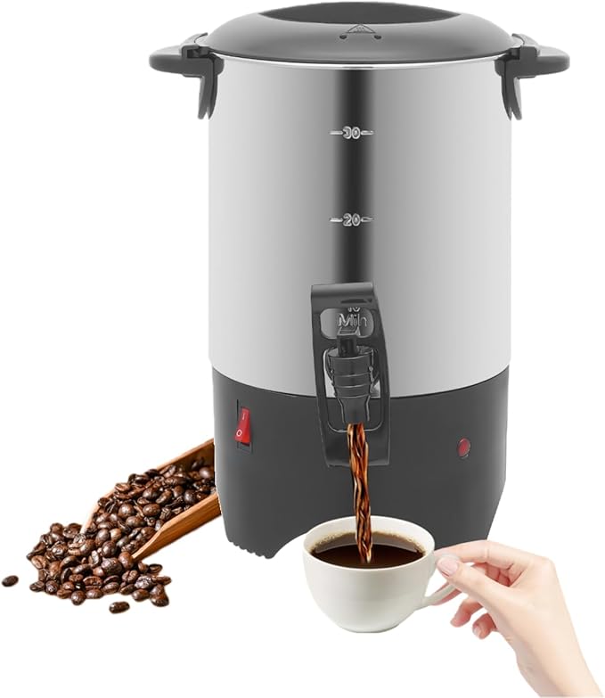5.2L Coffee Maker Stainless Steel 30-Cup Large Commercial Coffee Machine Quick Brew 30-100℃ Double Wall Cafe Percolator Hot Water Urn for Catering Offices Church
