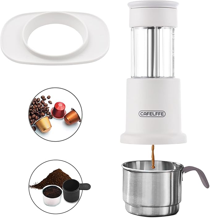 Handpressed Coffee Machine with 80ml Water Tank and 120ml Coffee Cup Grab and Go Companion for Outdoors Appreciators (White)