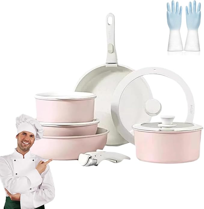 Cookware Set 5/11 Piece Utensils Cookware Set Removable Handle Pots and Pans Set Easily Clean Compatible With All Stovetops for Kitchen(Peach Pink11PCS)