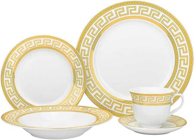 Gold and White Dinnerware Set - 20 Piece Service for 4 Fine Porcelain For Every Day and Formal Occasions with cups and saucers