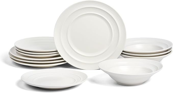 Earth &amp Clay Celeste 24-Piece Dinnerware Stoneware Plates and Bowls Set Includes Dinner and Salad Plates Cereal Bowls Dishwasher and Microwave Safe Dish Set for 8 Ivory White