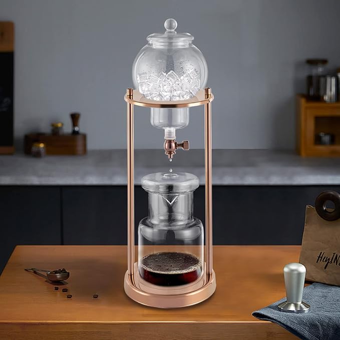 Luxury Ice Cold Brew Dripper Coffee Maker in Stainless Steel and Borosilicate Glass for Home Coffee Shops Cafes Offices 600 ml Gold