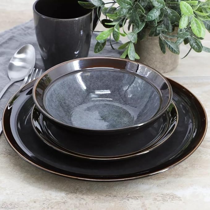 Priya 16 Piece Reactive Glaze Stoneware Dinnerware Set Service for 4 Plates and Bowls Microwave &amp Dishwasher Safe (Gray)
