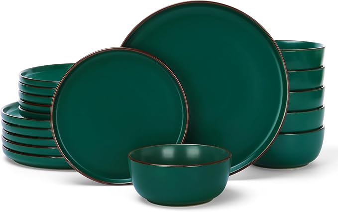 Famiware Mercury Plates and Bowls Sets 18 Pieces Stoneware Dinnerware Sets Dishes Set for 6 Microwave and Dishwasher Safe Dark Green
