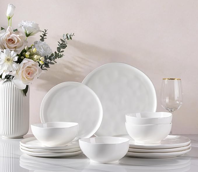 GBHOME Ceramic Dinnerware Sets for 4 12 Pieces Porcelain Lightweight Plates and Bowls Sets Scratch Resistant Dish Set Oven &amp Microwave &amp Dishwasher Safe Angel White
