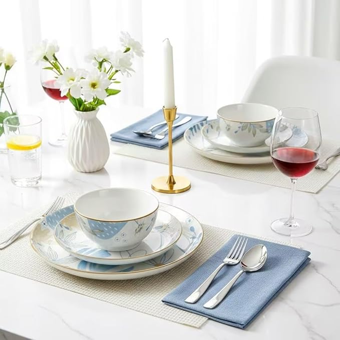 HUHUI Ceramic Dinnerware Sets Service for 4 12-Piece Scratch Resistant Dish Set Microwave and Dishwasherl SafeBlue Floral Ceramic Dinnerware Set sunflower floralblue