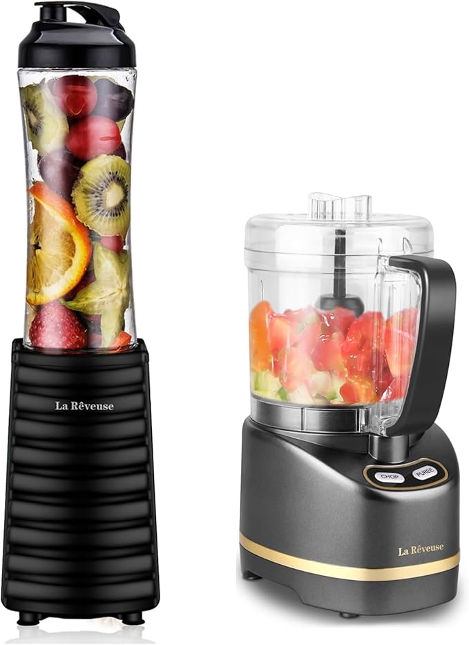 La Reveuse 300W Personal Size Blender (Black) + La Reveuse 2-Cup Mini Food Chopper (Metallic Grey)