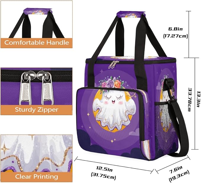 Halloween White Ghost Flower Coffee Maker Carring Bag Travel Carrying Storage Tote Bag Compatible with Keurig K-Mini or K-Mini Plus Portable Single Serve Coffee Brewer Case with Pockets