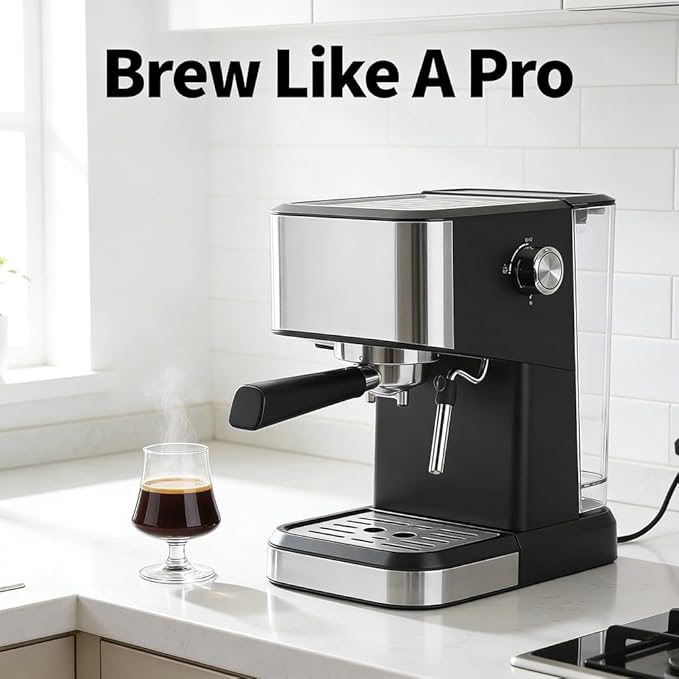 Semi Automatic Compact Coffee Machine 20 Bar Milk Frother Steam Wand 1.5L Water Tank - Quick Preheat Stylish Design Ideal for Home Cappuccino and Latte