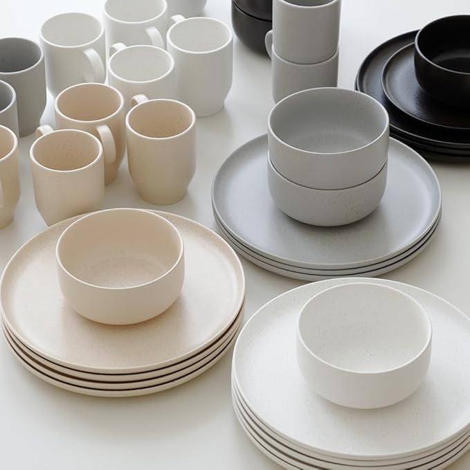 Stoneware Plates and Bowls Set - 12pcs Reactive Glazed Dinnerware Service for 4 Scratch &amp Chip Resistant (Oat Beige)