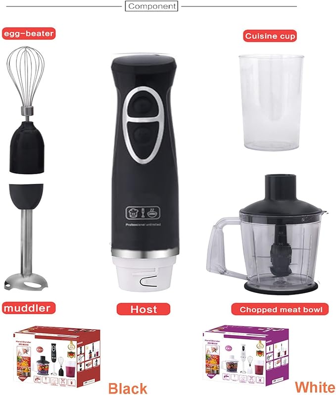 Handheld Immersion Blender with 2-Speed Stirrers Electric Whisk - Kitchen Essentials Set for Food Sauces Soups - Includes Egg-Beater Muddler Cuisine Cup Chopped Meat Bowl - 4-in-1 Hand Blender