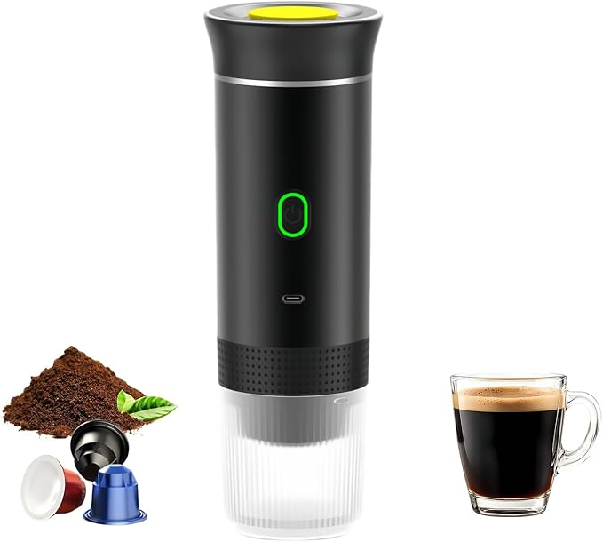 Mini Electric Espresso Coffee Machine Small Self-Heating Portable Car Coffee Maker with Capsule and Ground Coffee for Office RV Travel Camping Hiking (black)