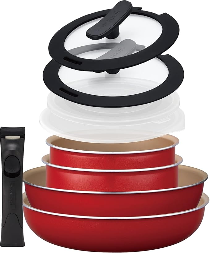 Evercook Frying Pan Set 9-Piece Set Removable Induction Compatible Red Doshisha
