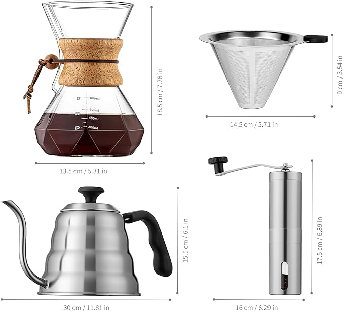 Pour Over Coffee Maker Set – 40oz Gooseneck Kettle with Thermometer Coffee Grinder &amp 20oz Drip Coffee Maker – Stainless Steel Pour Over Coffee Set