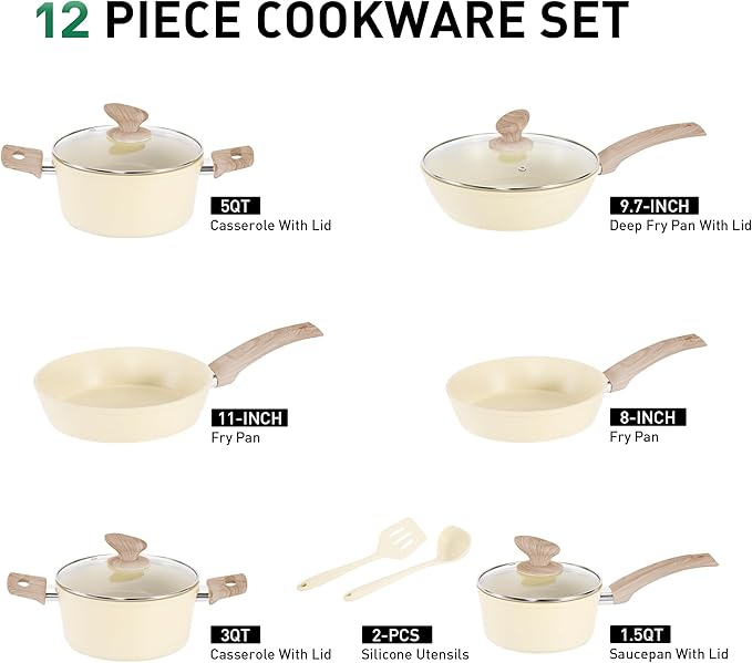 MAISON ARTS Pots and Pans Set Non Stick Kitchen Cookware Sets Nonstick 12 Piece Granite Cooking Pot and Pan for Induction Stovetop Beige