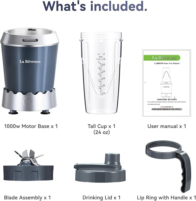 La Reveuse Personal Size Smoothie Blender Pro 1000W High Speed with 24oz To-Go Cup Ideal for SmoothiesProtein Shakes Frozen Drinks Food Prep Gray