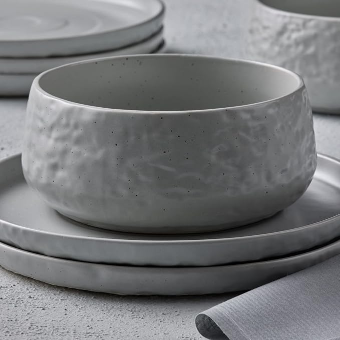 Stone by Mercer Project SHOSAI 32-Piece Stoneware Dinnerware Set Plates and Bowls Set Modern Dishware set fo 8 Grey Speckled