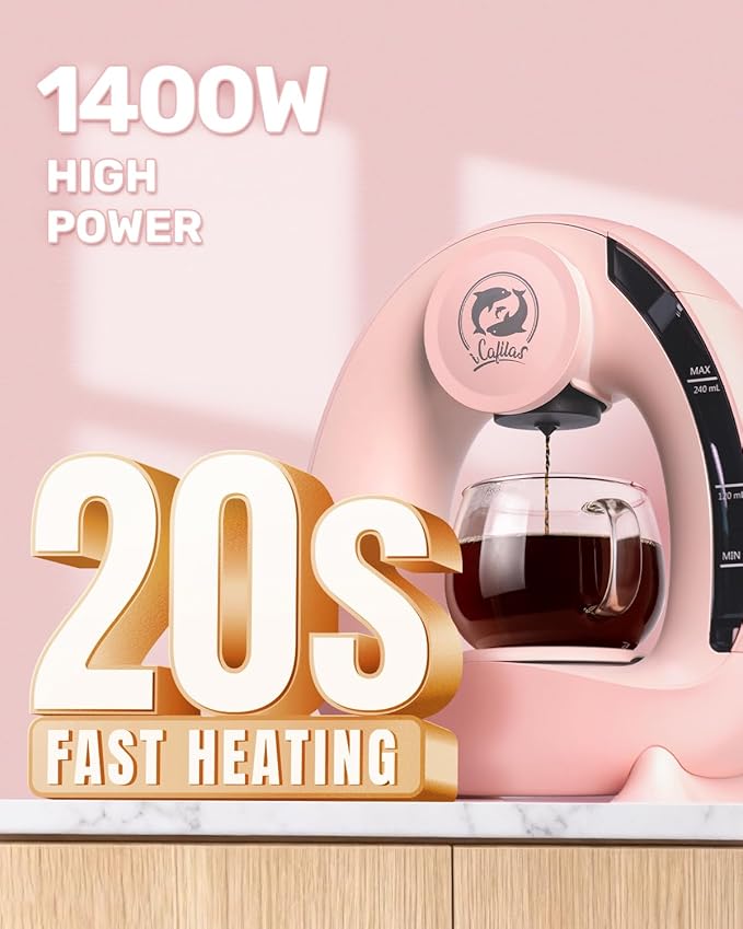 2-in-1 Coffee Maker Fast Brew in 1.5mins Single Serve Coffee Machine Compatible with K-Cup Pods &amp Ground Coffee 1400W with 20s Preheat Compact for HomeSmall PlaceOffice &amp RV 8ozPink