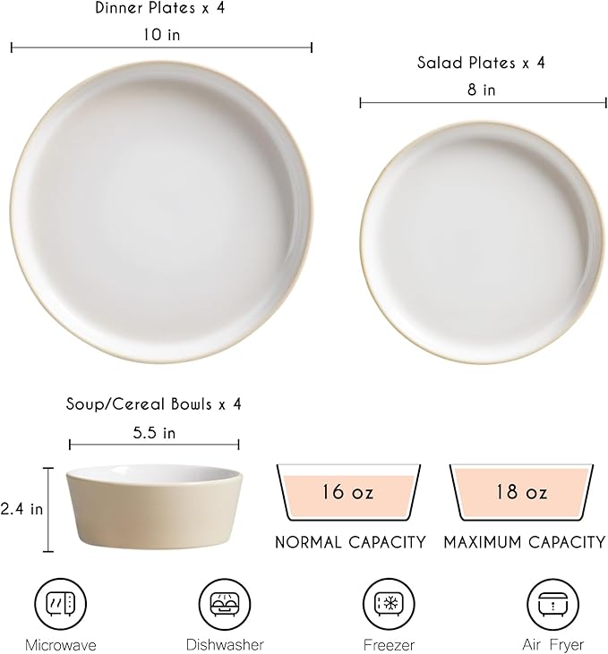 Stoneware Dinnerware Set for 4(12Pcs) – Microwave &amp Dishwasher Safe Plates and Bowls with Reactive Glaze – Rustic Farmhouse Modern Design for Everyday Dining Wedding &amp Outdoor - Light Beige