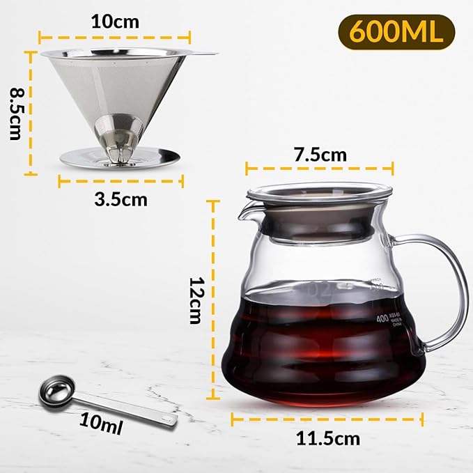 CASA BRAVA Glass Pour Over Coffee Maker Set – 28oz (850ml) Heat-Resistant Carafe with Stainless Steel Reusable Dripper Bamboo Stand &amp Measuring Spoon – Plastic-Free Drip Coffee Brewer