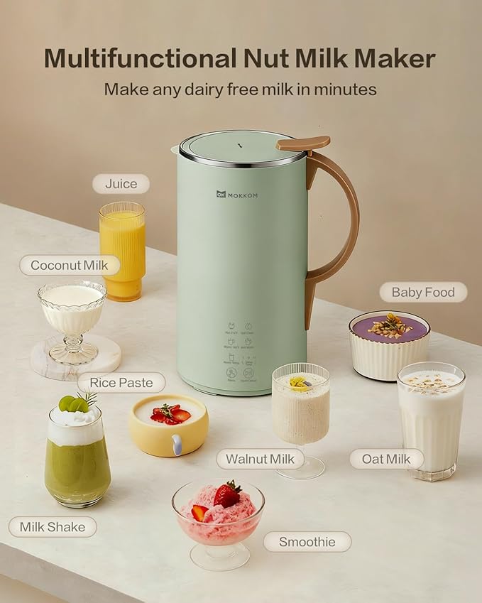 MOKKOM Automatic Nut Milk Maker 20 oz Soy Milk Maker Homemade Almond Oat Coconut Soy Plant-Based Milk and Dairy Free Beverages Almond Milk Maker with Delay Start/Boild Water/Self Clean - Green