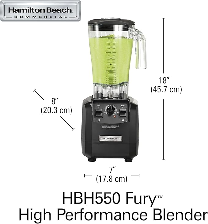 Hamilton Beach Commercial HBH550 The Fury Blender 3 hp 2 Speeds Pulse 64 oz./1.8 L Cutter Assembly Polycarbonate Container 18.04 Height 8.89 Width 8.07 Length Black