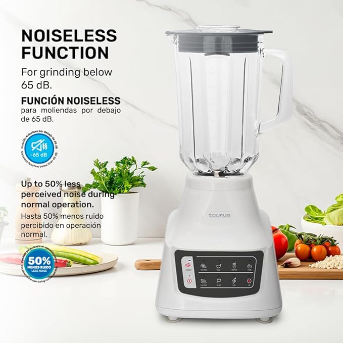 Taurus Potenza Comfort Blender 1050W 1.5L Glass Jar Up to 50% Less Noise Stainless Steel Blades 9 Speed Settings Quiet Powerful Blender for Smoothies Ice and Frozen Drinks