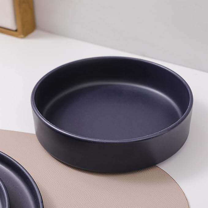 Stone Lain Cleo Stoneware 32-Piece Modern Dinnerware Set Plates and Bowls Dark Blue Service for 8 Microwave &amp Dishwasher Safe