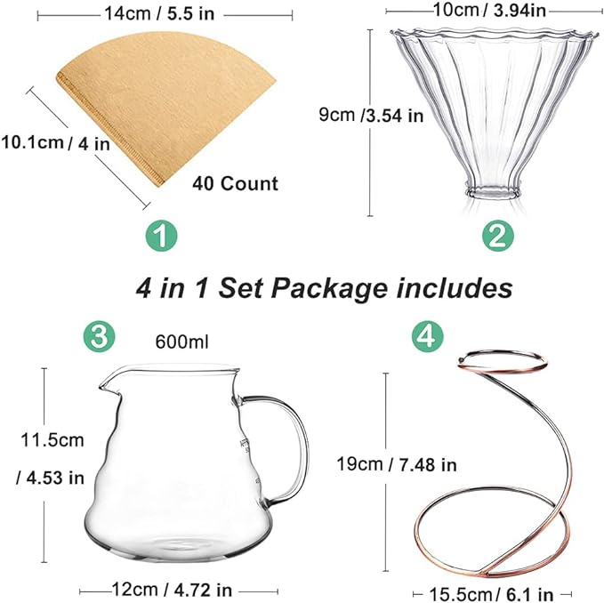 Pour Over Coffee Maker Set - Glass Dripper Metal Stand 600ml Heat-Resistant Server 40 Filters - 4 in 1 for Home or Office (Bronze)