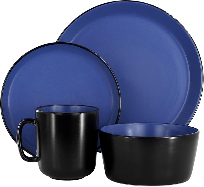 16 Piece Stoneware Dinnerware Set – Two-Tone Plates Bowls &amp Mugs for 4 Modern Matte Finish Microwave &amp Dishwasher Safe (Black/Blue)