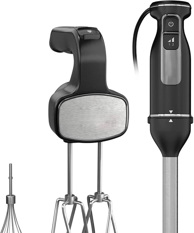 Black Hand Blender and Hand Mixer Combo with Whisk and Beaters Power Mixer System