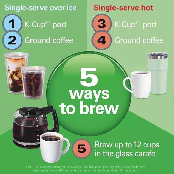 Hamilton-Beach 12c FlexBrew 5-in-1 Drip Coffee Maker Single Serve and Carafe Brewer Compatible with Ground Coffee and KCups Programmable Auto Shut-Off Adjustable Strength 1200W (Renewed)