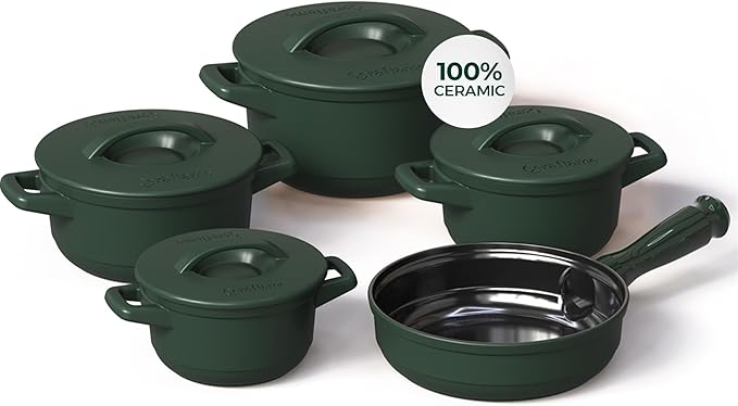 Pure Ceramic Healthy Non Toxic Cookware Set - Oven Safe Up to 1200F Microwave and Dishwasher Safe Longlasting and Lightweight - PFAS PTFE PFOA PFOS - Matte Rosemary
