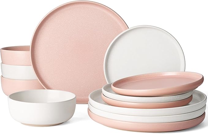 Famiware Milkyway Plates and Bowls Sets 12 Pieces Dinnerware Sets Reactive Glaze Dish Set Stoneware Dishes Set for 4 Matte Beige White &amp Light Pink