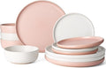 Famiware Milkyway Plates and Bowls Sets 12 Pieces Dinnerware Sets Reactive Glaze Dish Set Stoneware Dishes Set for 4 Matte Beige White &amp Light Pink