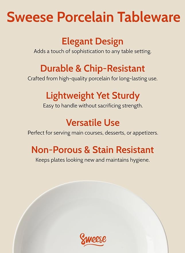 Sweese Porcelain 11 Inch Dinner Plates Set of 6 - White Dinner Plates - Dishwasher Microwave Oven Safe Scratch Resistant