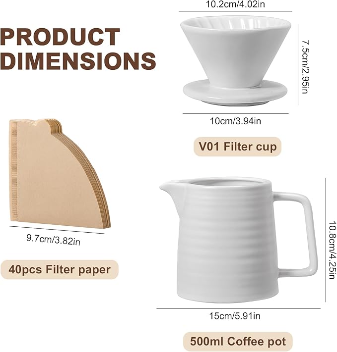 Pour Over Coffee Maker Set – Premium Ceramic Coffee Dripper with 500ml Capacity Manual Style Coffee Maker White – Ideal for Home Office and Travel