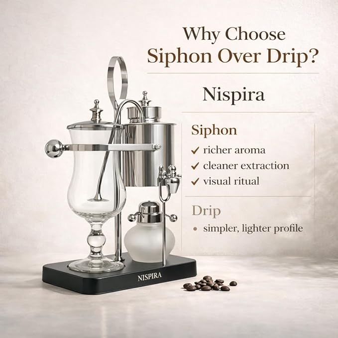 Nispira Belgian Balance Syphon Vacuum Coffee Maker 500 ml Vintage Gravity Brewing System Silver Finish Manual Tabletop Coffee Brewer