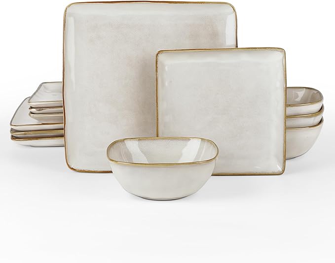 Famiware Dinnerware Sets for 4 Ocean Square 12-Piece Kitchen Plates and Bowls Sets Reactive Glaze Microwave and Dishwasher Safe Scratch Resistant Cappuccino White