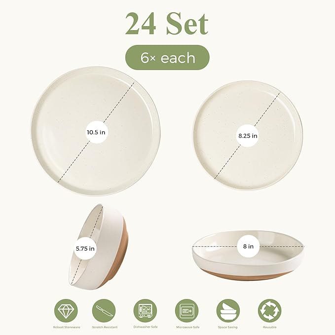 GBHOME 24-Piece Ceramic Dinnerware Set for 6 Handpainted Plates Pasta Bowls &amp Bowls Set with Rustic Terracotta Underside Scratch-Resistant Dishwasher &amp Microwave SafeSpeckled Glaze Beige