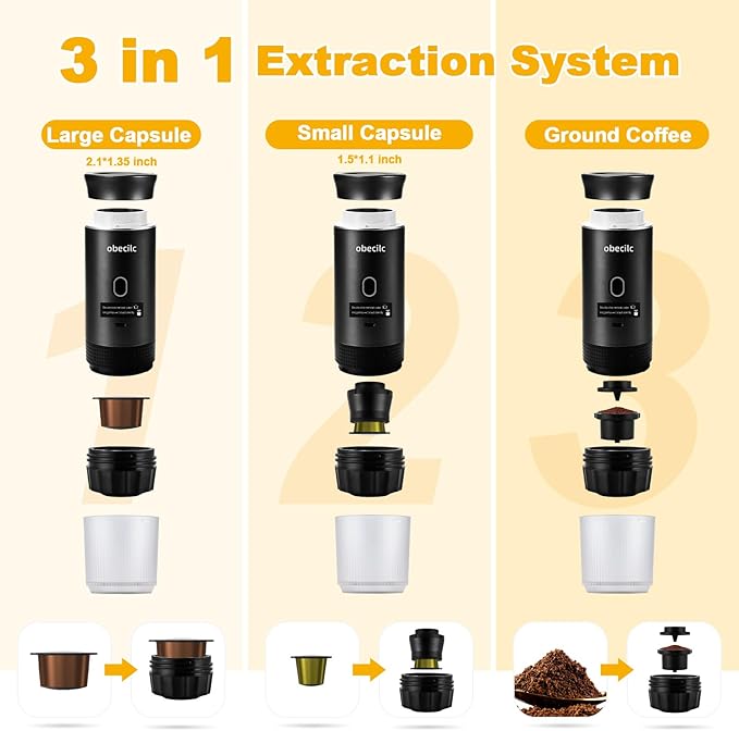 3 In 1 Portable Coffee Maker for Travel 20 Bar Portable Espresso Machine with USBTravel Coffee Maker Self-Heating Compatible with Ground Coffee &amp Capsule for HikingOfficeRV（Black）