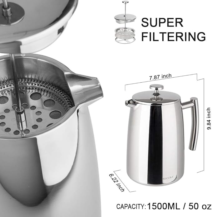 Secura French Press Coffee Maker 50-Ounce 304 Stainless Steel Insulated Coffee Press with Extra Screen