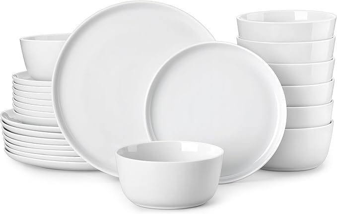 MALACASA 24 Pieces Gourmet Porcelain Dinnerware Sets Premium Plates and Bowls Set High-Fired Ceramic Dishes Set for 8 Chip &amp Scratch Resistant Microwave Dishwasher Safe White Series LEXI