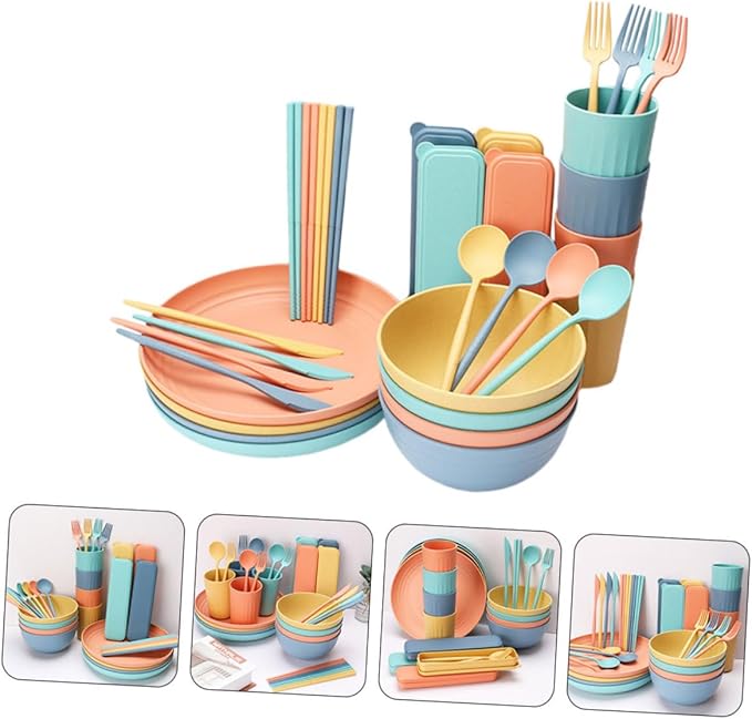 PRETYZOOM 4Sets Portable Wheat Straw Tableware Creative Kitchen Supplies for Rice Soup and Salad Microwave Safe Dinnerware Set with Bowls Plates and Cutlery for Home