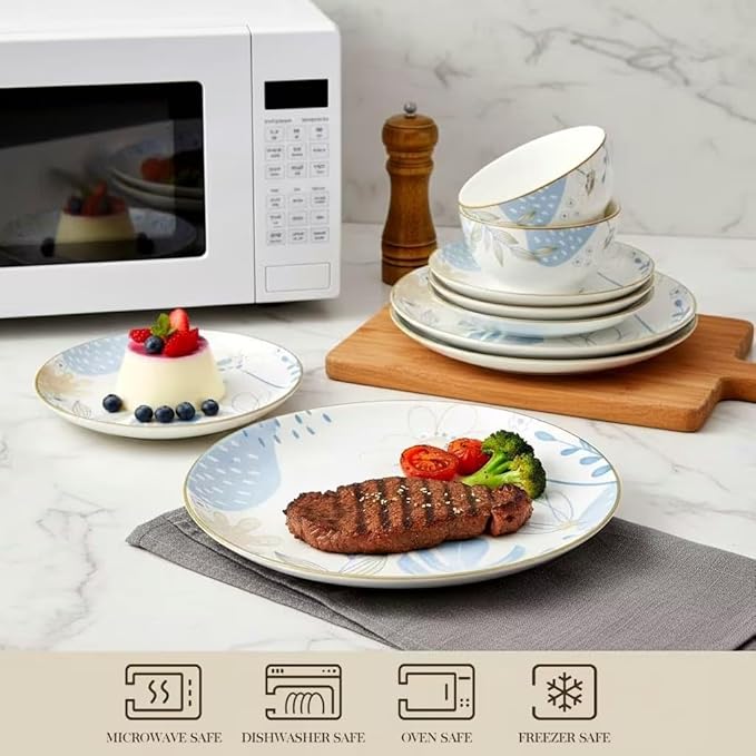 HUHUI Ceramic Dinnerware Sets Service for 4 12-Piece Scratch Resistant Dish Set Microwave and Dishwasherl SafeBlue Floral Ceramic Dinnerware Set sunflower floralblue