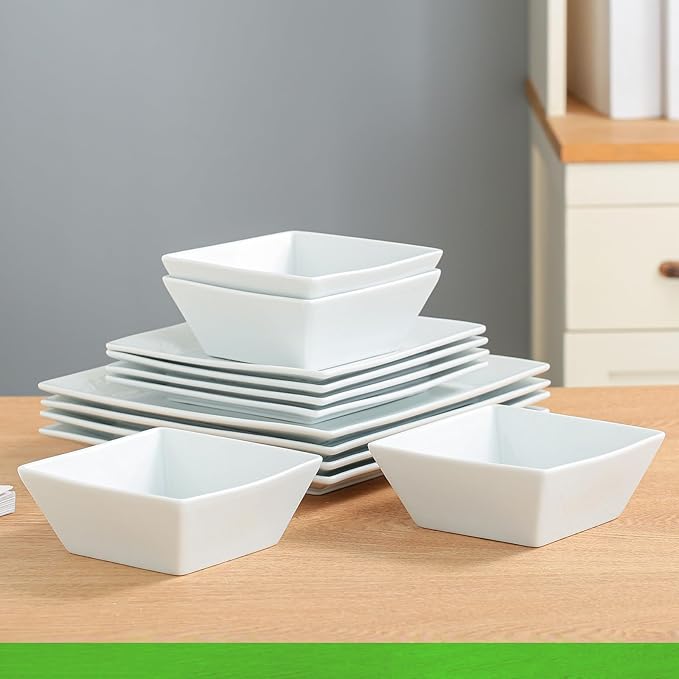 DOMINI 12-Piece Ceramic Kitchen Dinnerware Set Service for 4 Porcelain Dishes Dinner Set Square Dinnerware Sets with Dinner Plates Dessert Plates and Pasta BowlsSquare-White