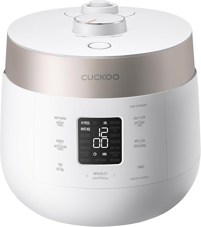 CUCKOO Twin Pressure Rice Cooker 6-Cup Uncooked / 12-Cup Cooked with Nonstick Inner Pot Versatile Rice Maker &amp Warmer with 16 Menu Options Open Cooking Mode Voice Guide White (CRP-ST0609FW)